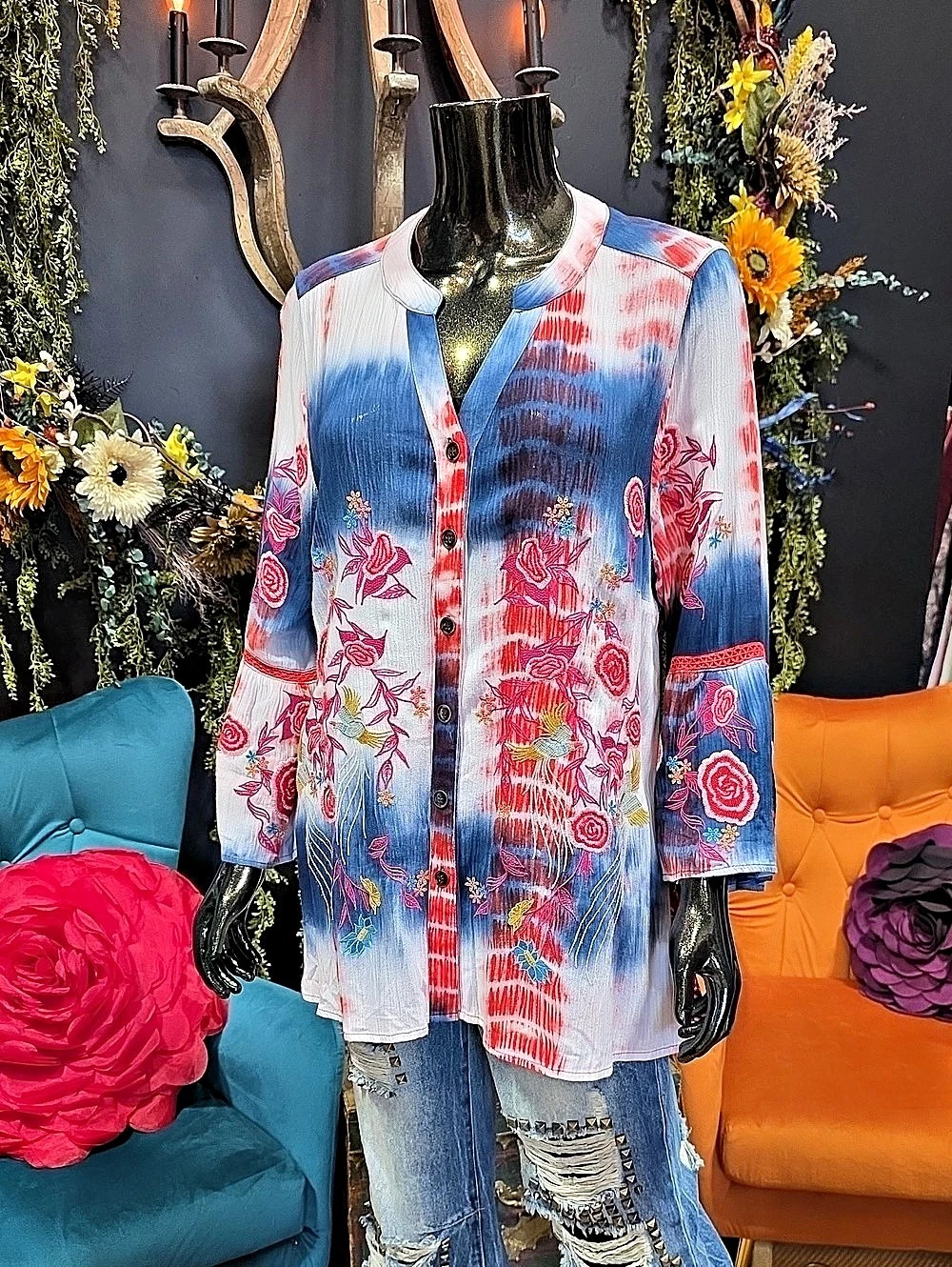 Calessa Embroidered Floral Button Front with Accent Contrast Back Fabric Panel